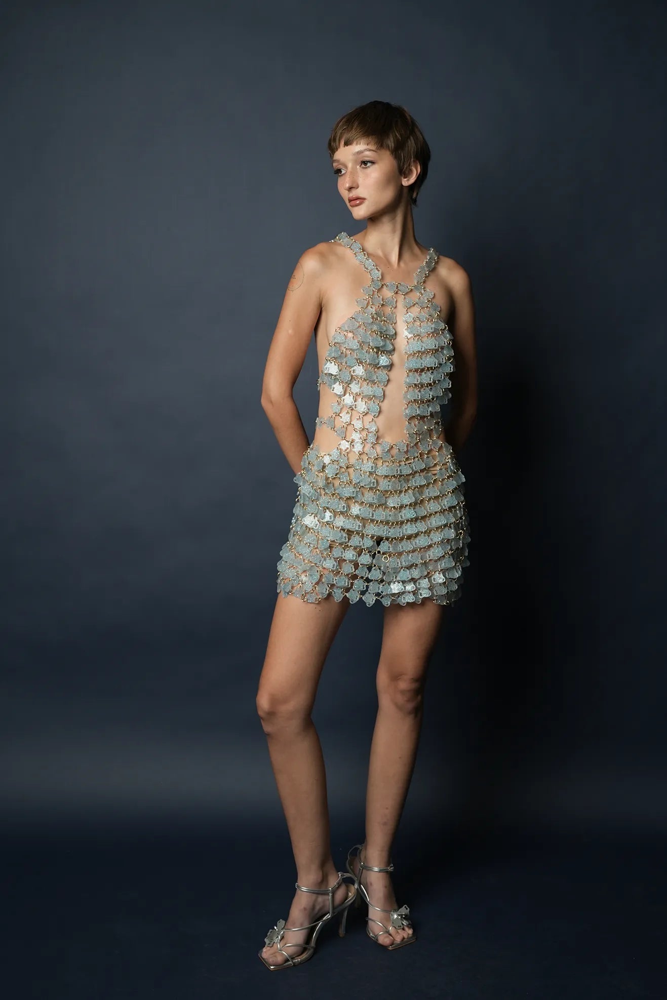 Jade Laced Up Turtle Neck Mini Dress(Glitter Ocean Gems)