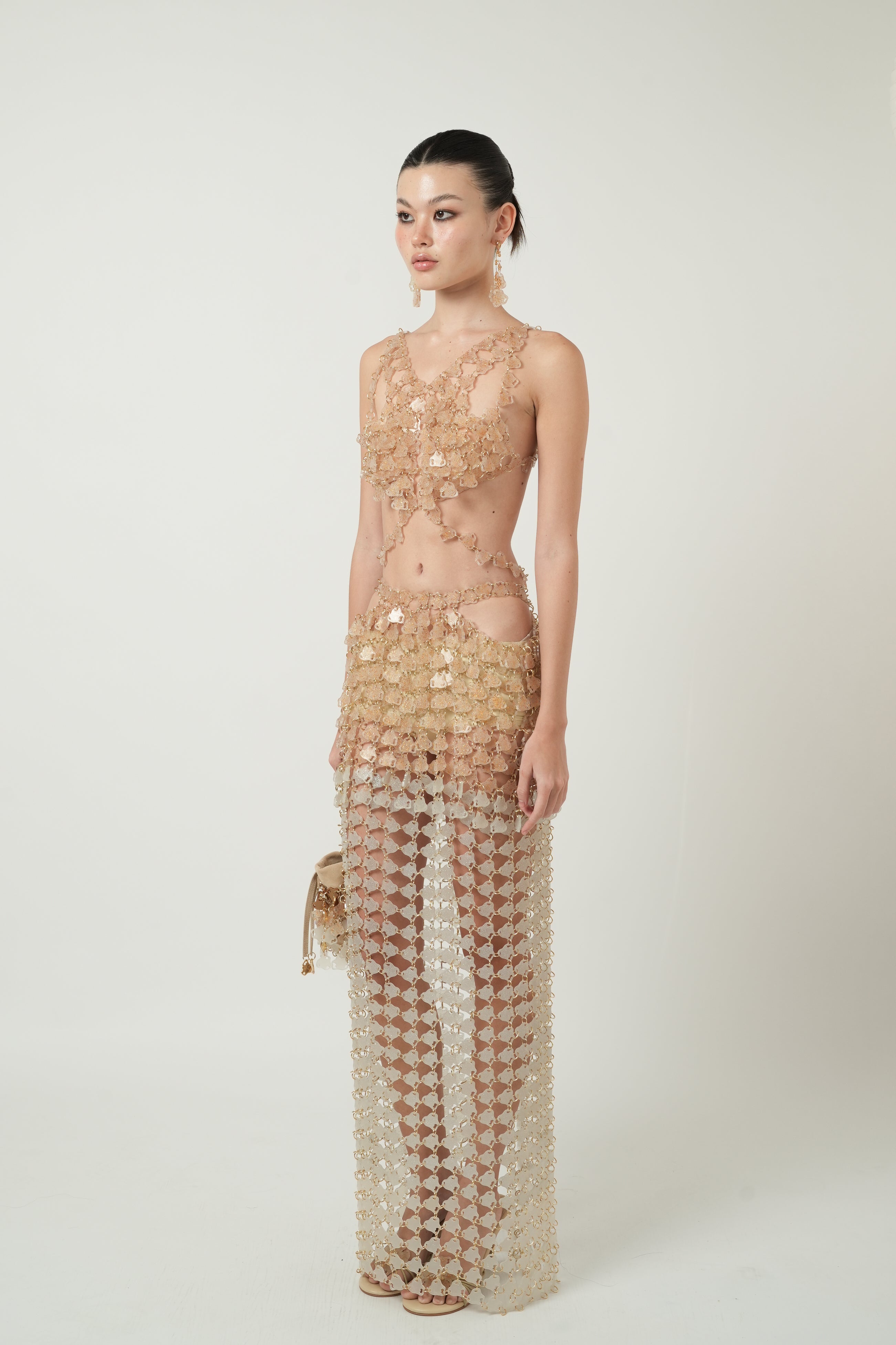 Maxi Waist Cut-Out Skirt(Gold Glitter, Clear)