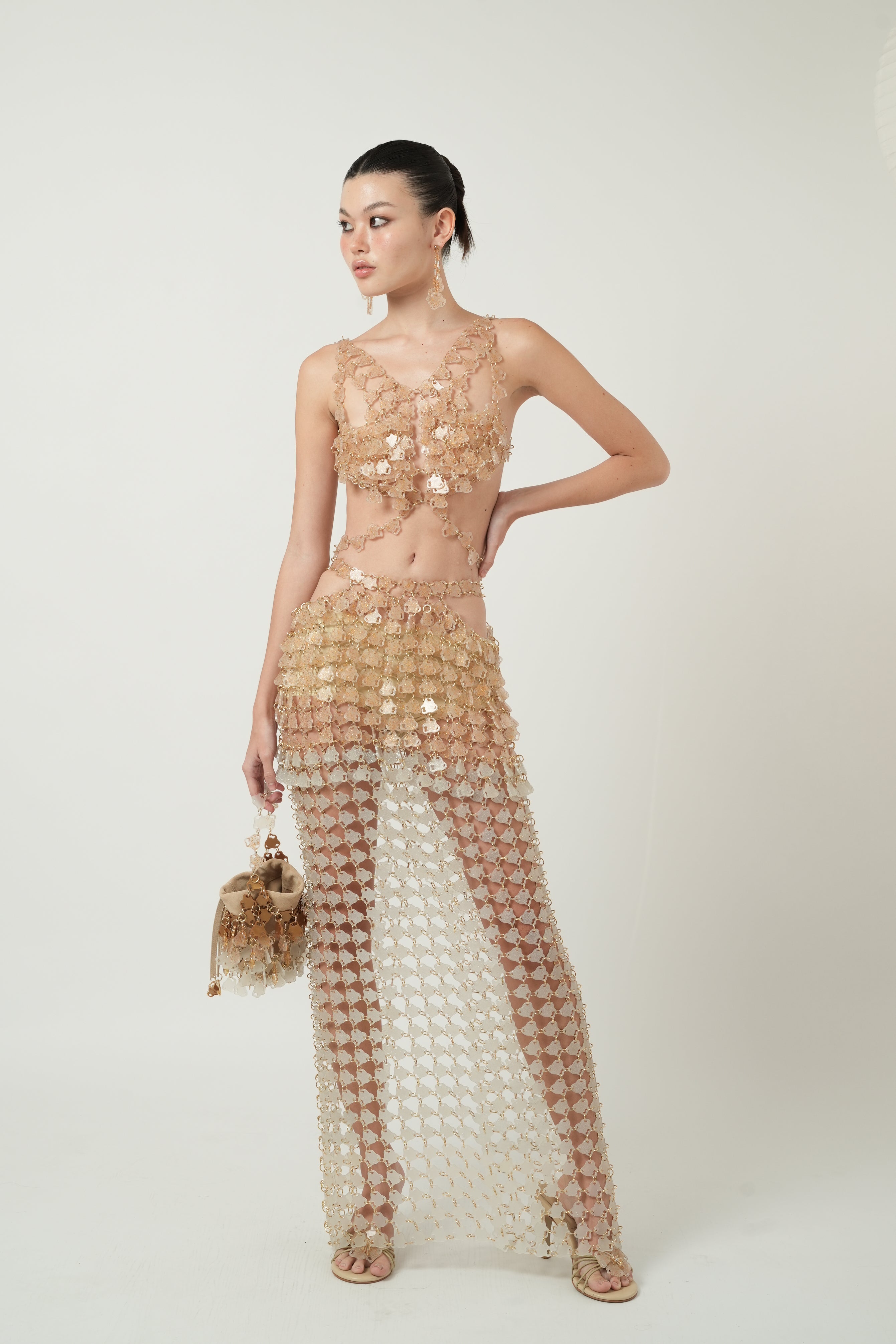 Maxi Waist Cut-Out Skirt(Gold Glitter, Clear)