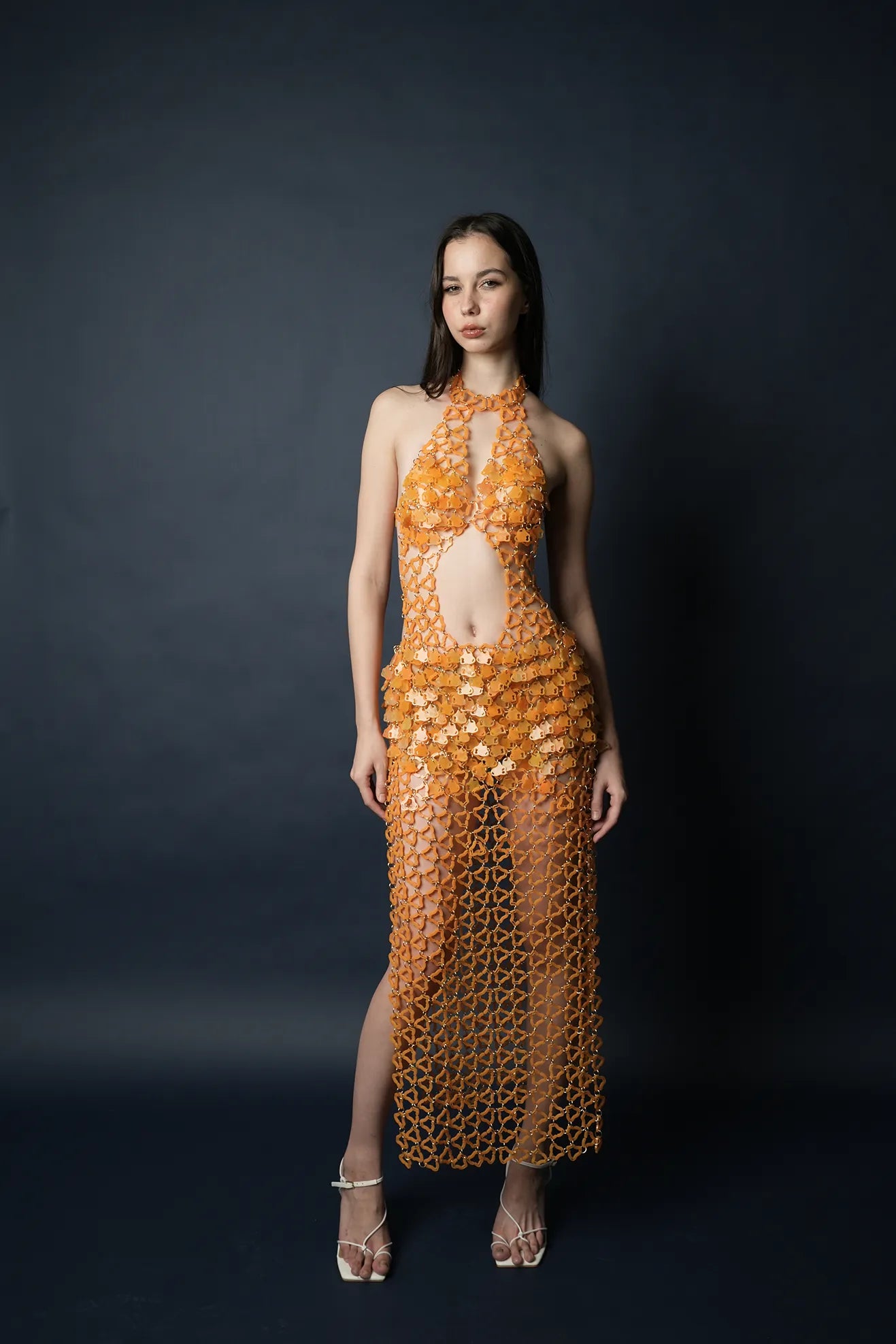 Aqua Halter-Strap Maxi Dress(Tangerine)