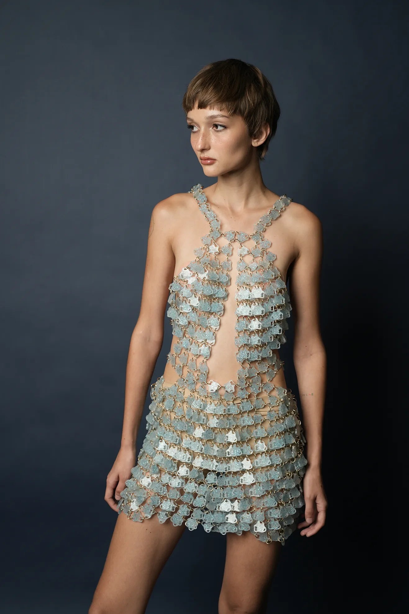 Jade Laced Up Turtle Neck Mini Dress(Glitter Ocean Gems)